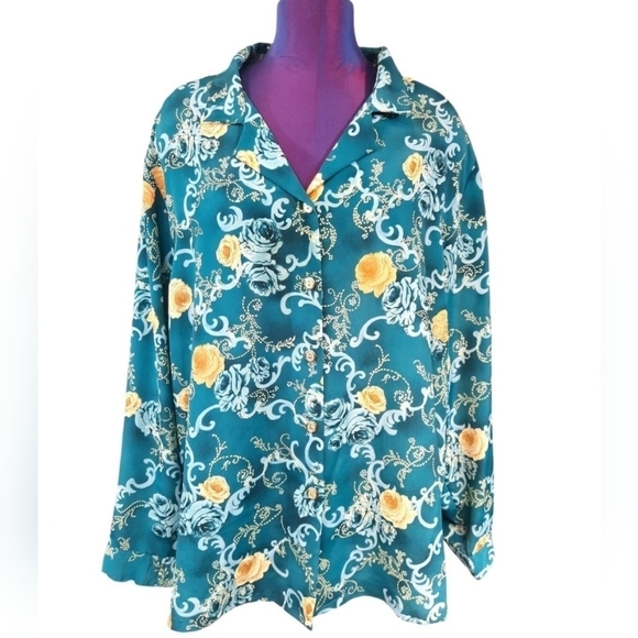 Vintage BonWorth Floral Button Down Teal Gold Blouse‎ Size 2X Women's Plus G81 - Picture 1 of 8
